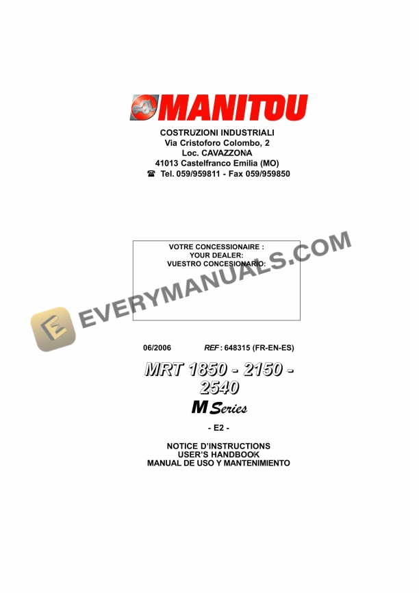 Manitou MRT 1850 M Series E2, MRT 2150 M Series E2, MRT 2540 M Series E2 Operator Manual 648315 FR-EN-ES