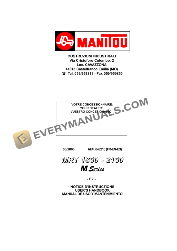 Manitou MRT 1850 M Series E2, MRT 2150 M Series E2 Operator Manual 648216 FR-EN-ES