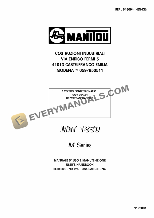 Manitou MRT 1850 M Series User Handbook 648094 IT-EN-DE