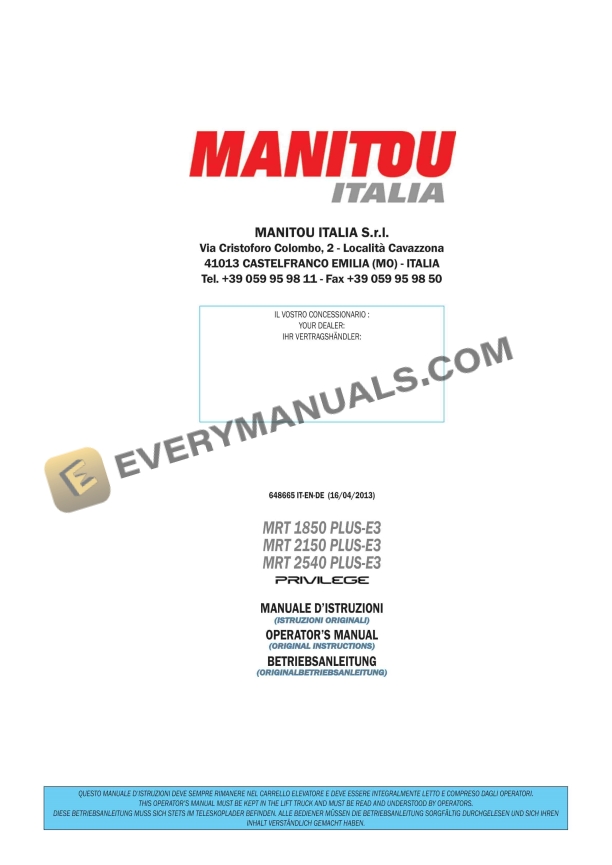 Manitou MRT 1850 Plus E3 Privilege, MRT 2150 Plus E3 Privilege, MRT 2540 Plus E3 Privilege Operator Manual 648665 IT-EN-DE