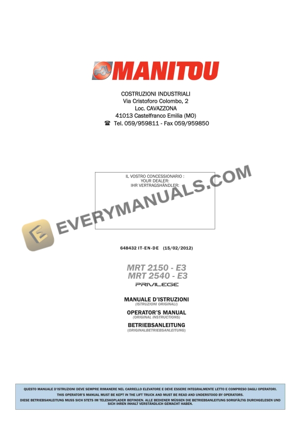Manitou MRT 2150 E3 Privilege, MRT 2540 E3 Privilege Operator Manual 648432 IT-EN-DE