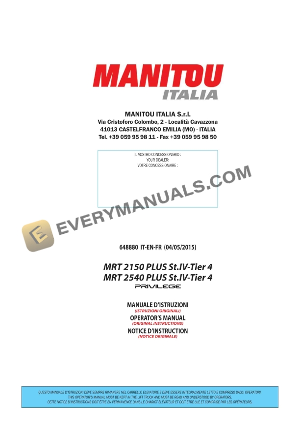 Manitou MRT 2150 Plus St.IV-Tier 4 Privilege, MRT 2540 Plus St.IV-Tier 4 Privilege Operator Manual 648880 IT-EN-FR