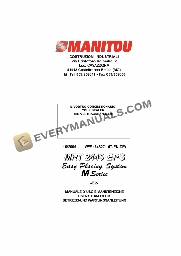 Manitou MRT 2440 EPS Easy Placing System M Series E2 User Handbook 648271 IT-EN-DE