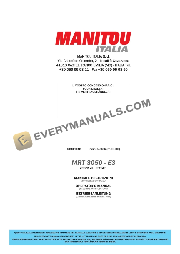 Manitou MRT 3050 E3 Privilege Operator Manual 648385 IT-EN-DE