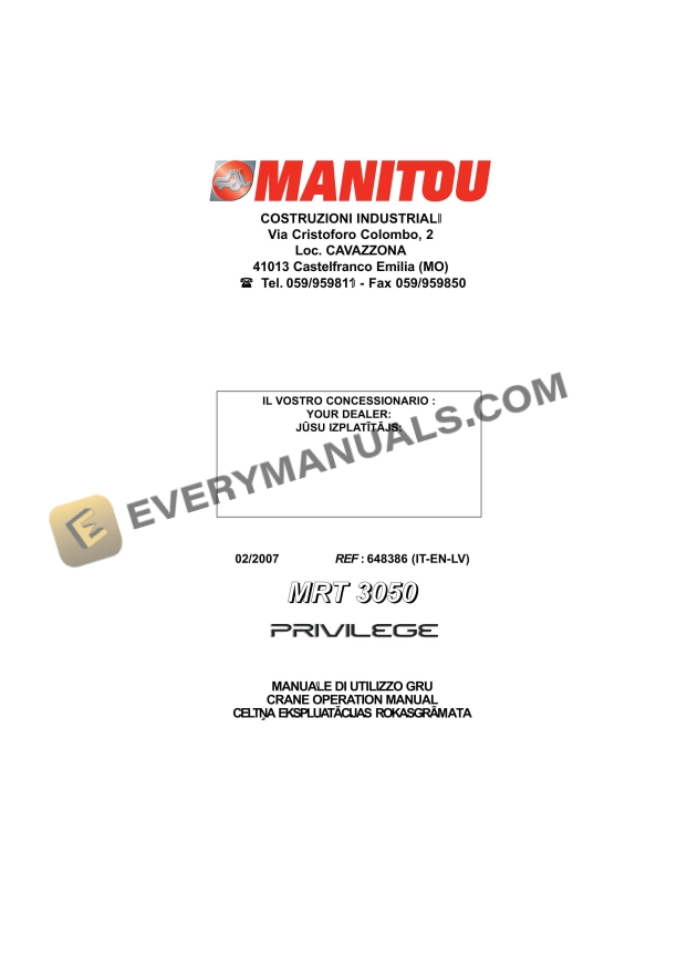 Manitou MRT 3050 Privilege Operator Manual 648386 IT-EN-LV