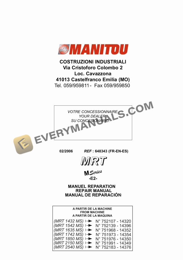 Manitou MRT M Series E2 Repair Manual 648343 EN-ES-FR