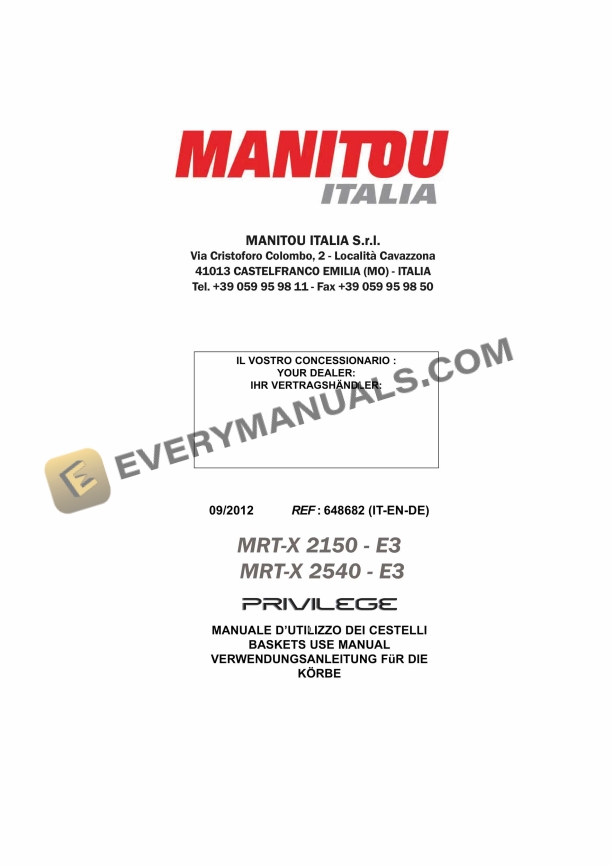 Manitou MRT-X 2150-E3 Privilege, MRT-X 2540-E3 Privilege Operator Manual 648682 IT-EN-DE