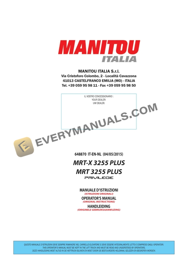 Manitou MRT-X 3255 Plus Privilege, MRT 3255 Plus Privilege Operator Manual 648870 IT-EN-NL