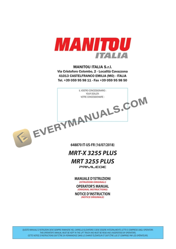 Manitou MRT-X 3255 Plus Privilege, MRT 3255 Plus Privilege Operator Manual 648870 IT-US-FR