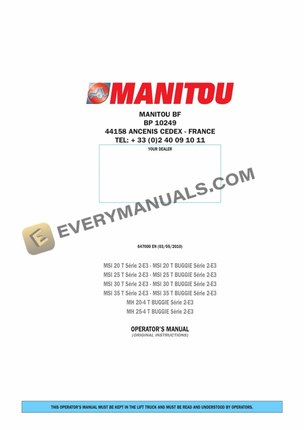 Manitou MSI 20 T S2-E3 to MH 25-4 T BUGGIE S2-E3 Operator Manual 647000EN