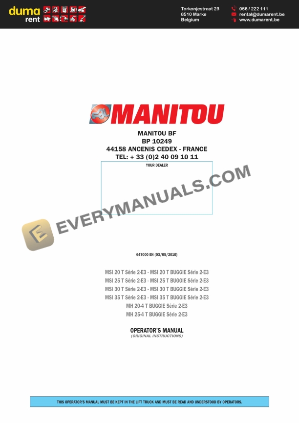 Manitou MSI 20 T S2-E3 to MSI 25-4 T BUGGIE S2-E3 Operator Manual 647000EN