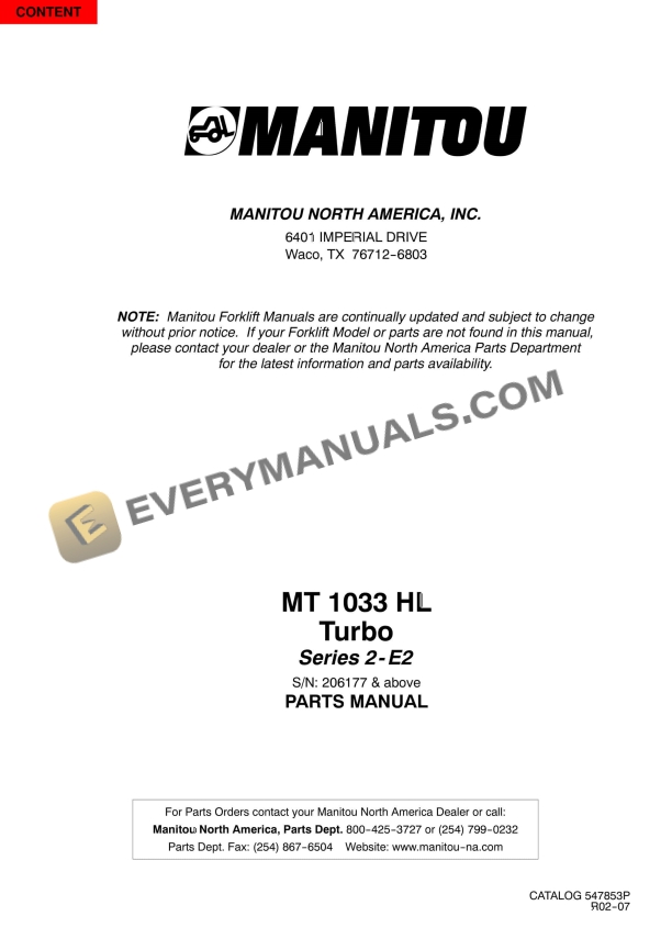 manitou mt 1033 hl turbo series 2 e2 parts manual 547853p 1