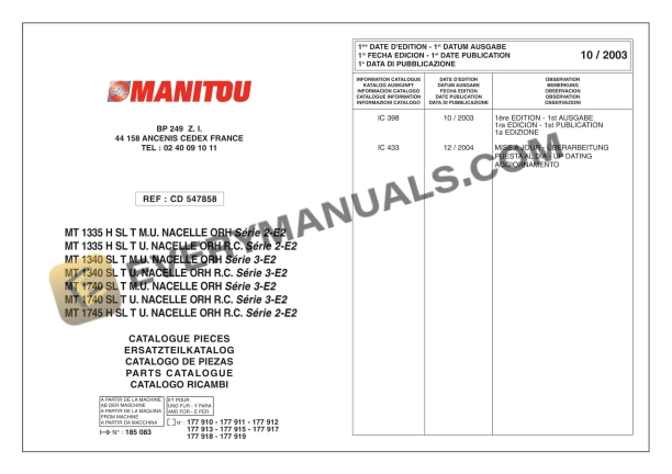 manitou mt 1335 h sl t mu nacelle orh s2 to mt 1745 h sl t u nacelle orh rc s2 parts manual cd547858 1