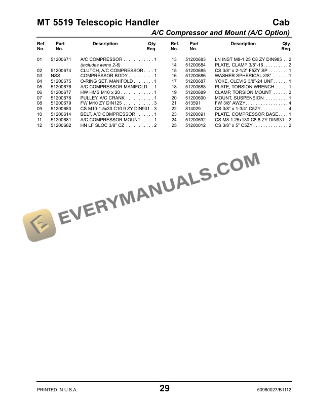 Manitou MT 5519 Telescopic Handler Parts Manual 50960027B-2
