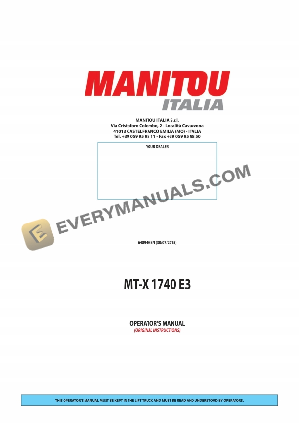 Manitou MT-X 1740 E3 Operator Manual 648940EN