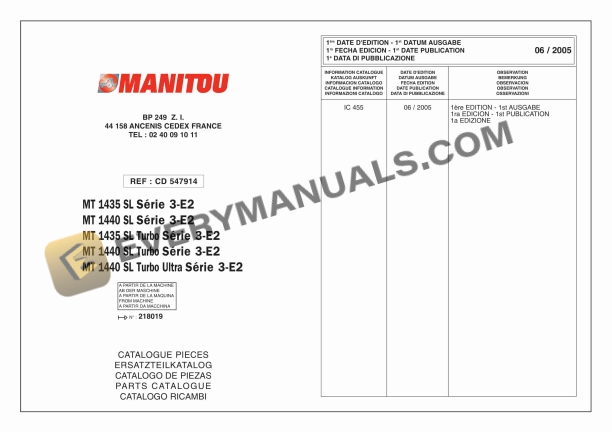 Manitou MT1435 SL Series 3-E2, MT1440 SL Series 3-E2, MT1435 SL Turbo Series 3-E2, MT1440 SL Turbo Series 3 Parts Manual CD547914