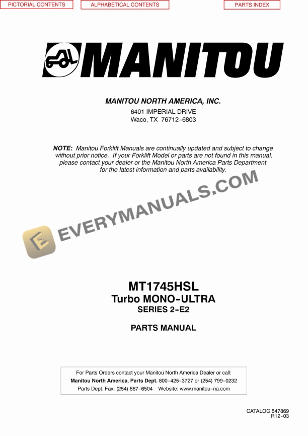 Manitou MT1745HSL Turbo Mono-Ultra Series 2-E2 Parts Manual 547869