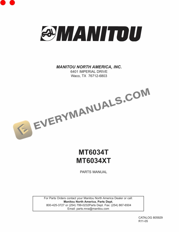 Manitou MT6034T, MT6034XT Parts Manual 805929