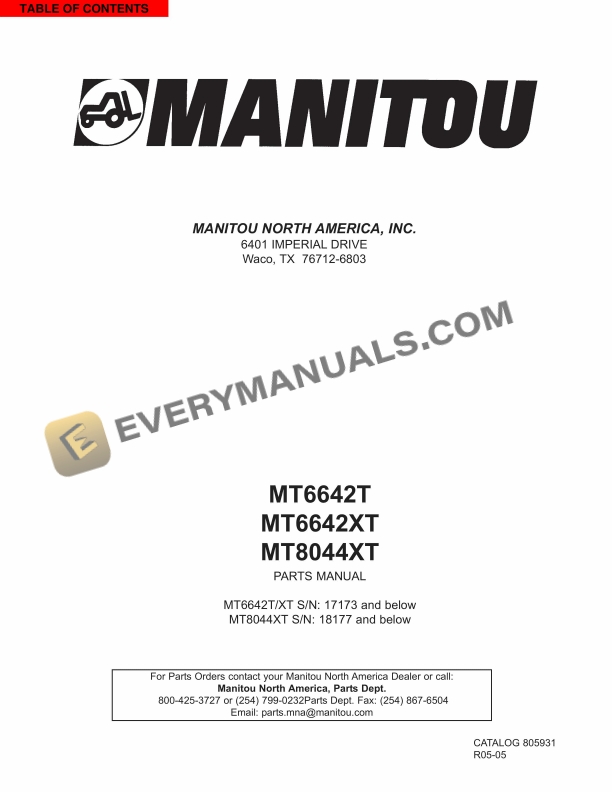 Manitou MT6642T, MT6642XT, MT8044XT Parts Manual 805931