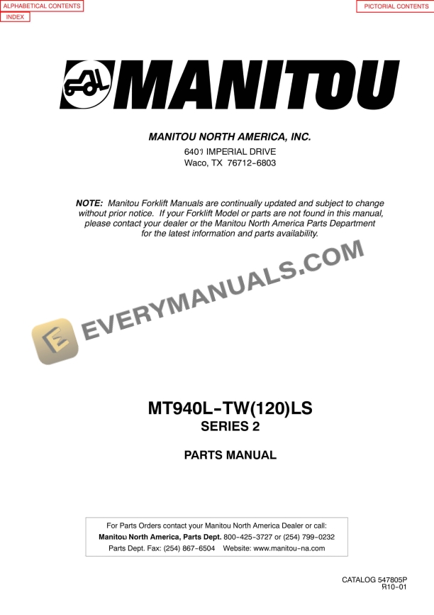 Manitou MT940L-TW(120)LS Series 2 Parts Manual 547805P