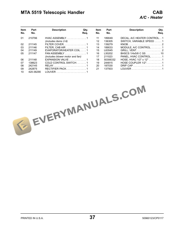Manitou MTA 5519 Telescopic Handler Parts Manual 50960123C-2