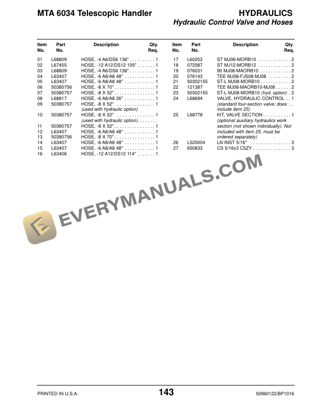 Manitou MTA 6034 Telescopic Handler Parts Manual 50960122B-4