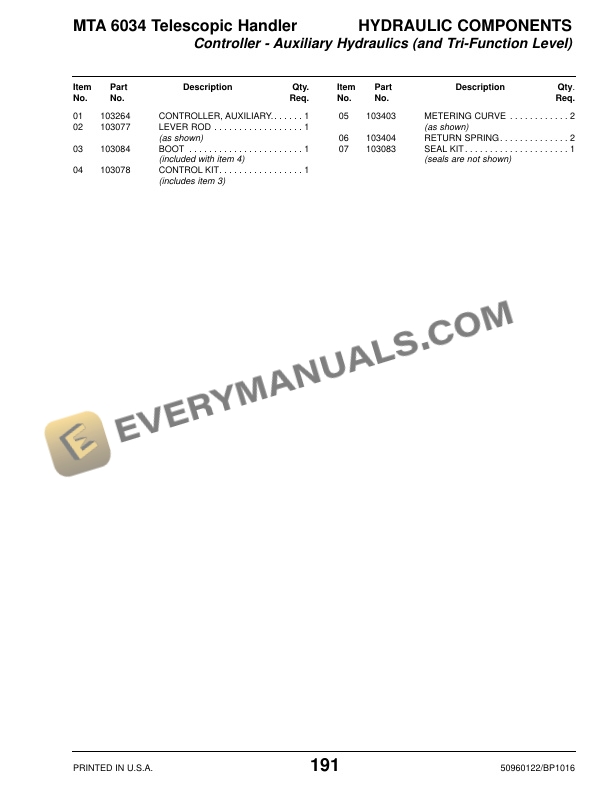 Manitou MTA 6034 Telescopic Handler Parts Manual 50960122B-5