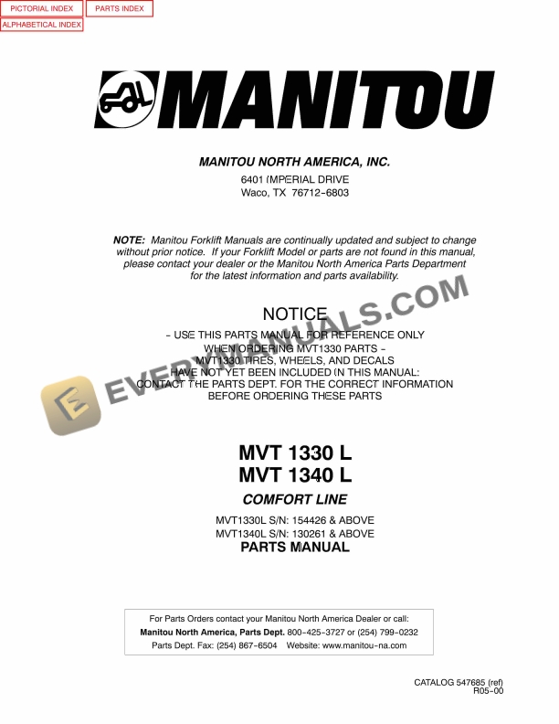 manitou mvt 1330 l comfort line mvt 1340 l comfort line parts manual 547685 1