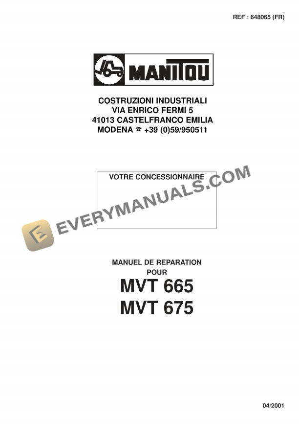 Manitou MVT 665, MVT 675 Repair Manual 648065 FR