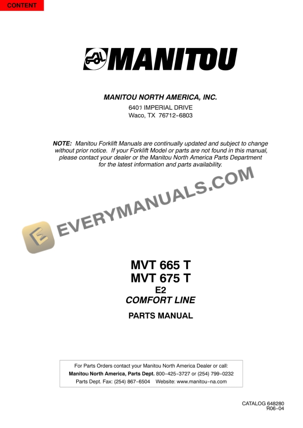 manitou mvt 665 t e2 comfort line mvt 675 t e2 comfort line parts manual 648280 1