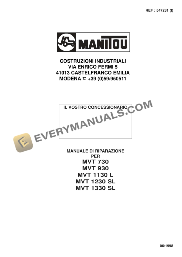 Manitou MVT 730, MVT 930, MVT 1130 L, MVT 1230 SL, MVT 1330 SL Repair Manual 547231 IT