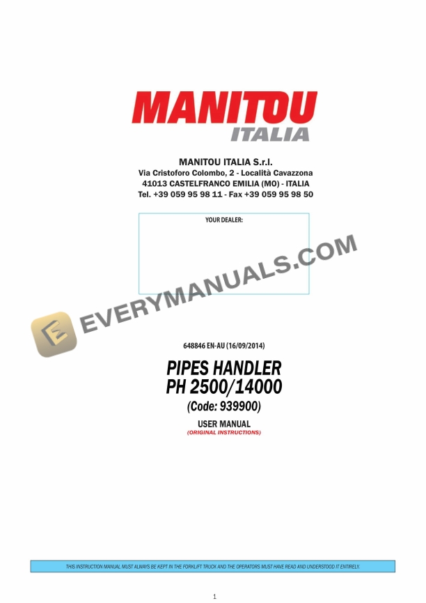 Manitou PH2500, PH14000 PIPES HANDLER User Manual 648846 EN-AU