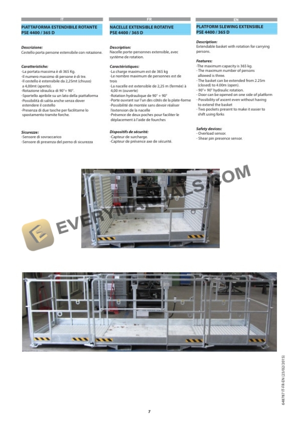 Manitou PSE 4400-365, PSE 4400-365 D, PSE 4400-700 D, PSE 4400-1000 D Platform Slewing Extensible Use and Maintenance Manual 648787 IT-FR-EN-2