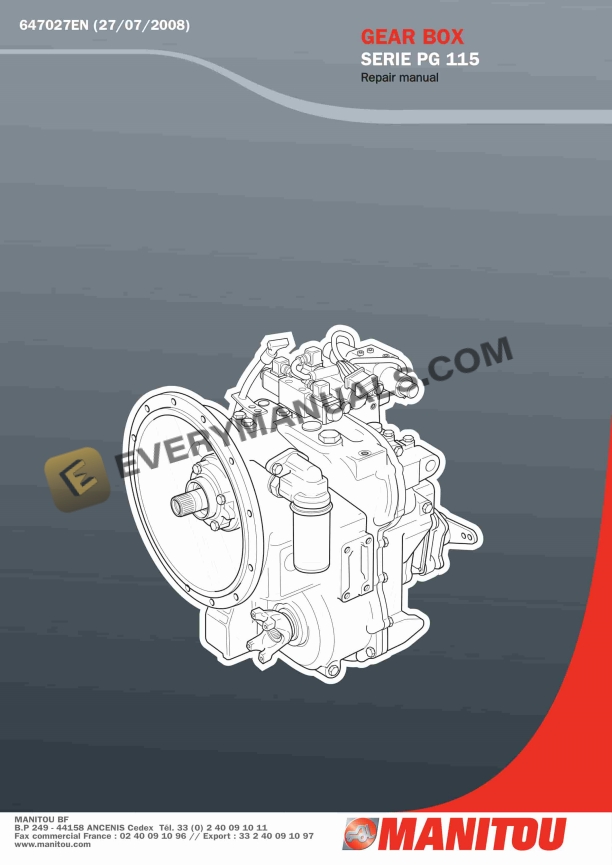 Manitou Series PG 115 Gear Box Repair Manual 647027EN
