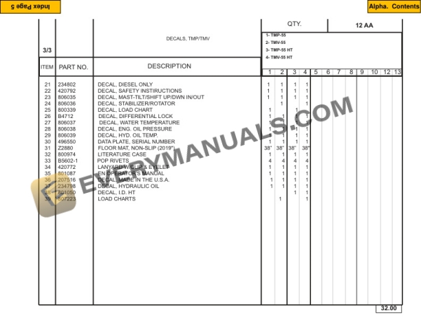 Manitou TMP-55, TMP-55-HT, TMV-55, TMV-55-HT Parts Manual 809866-4