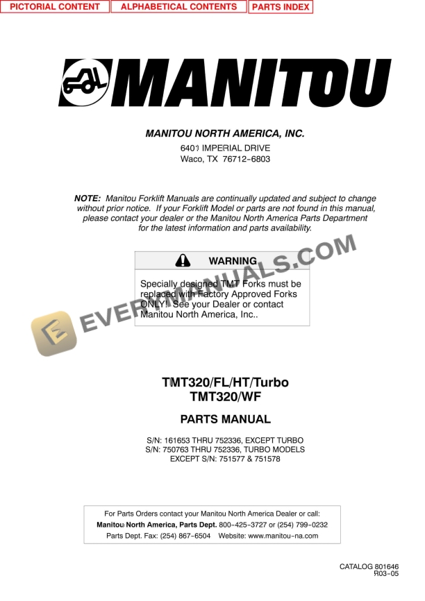 manitou tmt 320 fl tmt 320 hl tmt 320 fl turbo tmt 320 hl turbo tmt 320 wf parts manual 801646 1