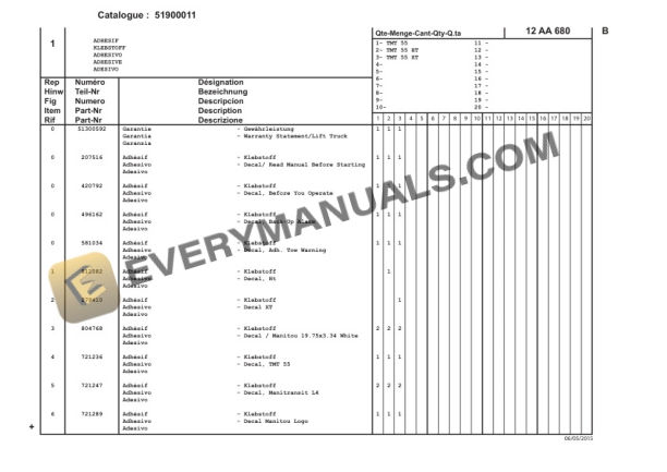 Manitou TMT 55 T3 S2, TMT 55 HT T3 S2, TMT 55 XT T3 S2 Parts Manual CD51900011-4