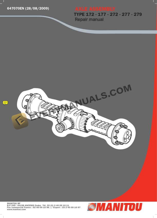 Manitou Type 172-177-272-277-279 Axle Assembly Repair Manual 647070EN