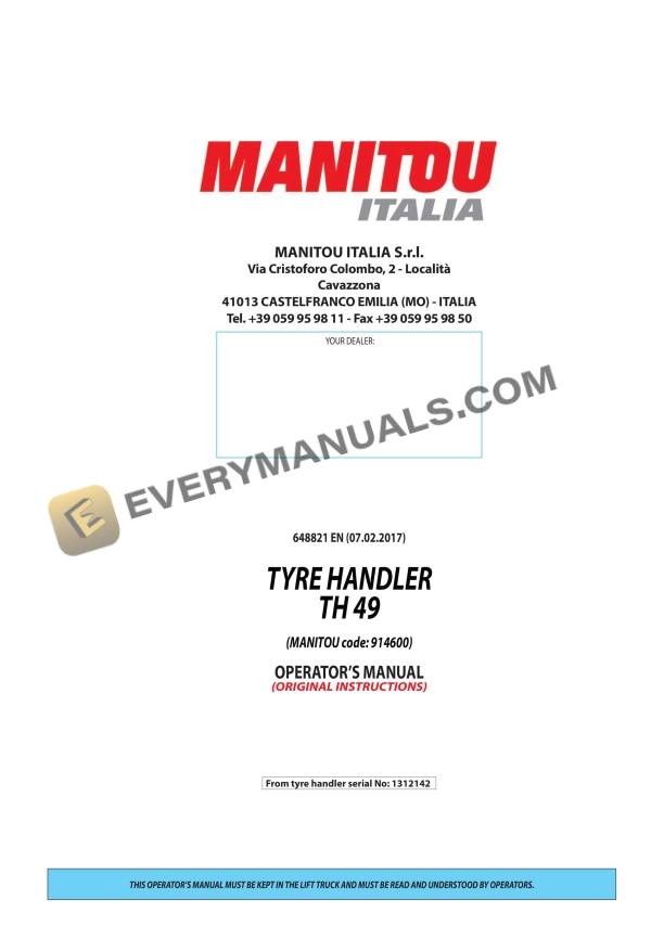 Manitou TYRE HANDLER TH 49 Operator Manual 648821EN