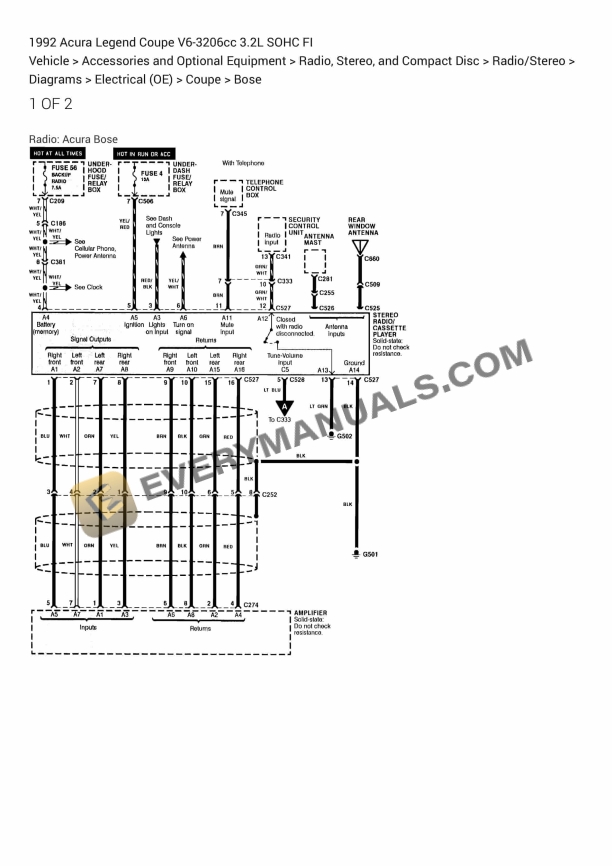 Acura Legend Coupe 1992 Electrical Diagrams V6-3206cc 3.2L SOHC FI