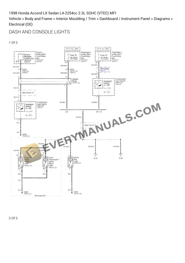 Honda Accord LX Sedan 1998 Electrical Diagrams L4-2254cc 2.3L SOHC (VTEC) MFI 4 Honda Accord LX Sedan 1998 Electrical Diagrams L4-2254cc 2.3L SOHC (VTEC) MFI - Image 2