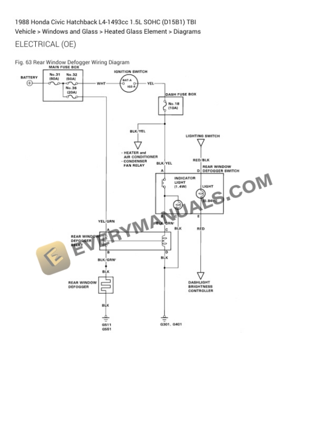 Honda Civic Hatchback 1988 Electrical Diagrams L4-1493cc 1.5L SOHC (D15B1) TBI 4 Honda Civic Hatchback 1988 Electrical Diagrams L4-1493cc 1.5L SOHC (D15B1) TBI - Image 2