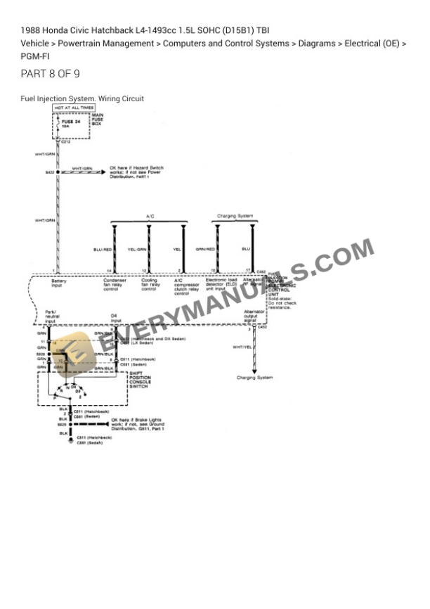 Honda Civic Hatchback 1988 Electrical Diagrams L4-1493cc 1.5L SOHC (D15B1) TBI 6 Honda Civic Hatchback 1988 Electrical Diagrams L4-1493cc 1.5L SOHC (D15B1) TBI - Image 4
