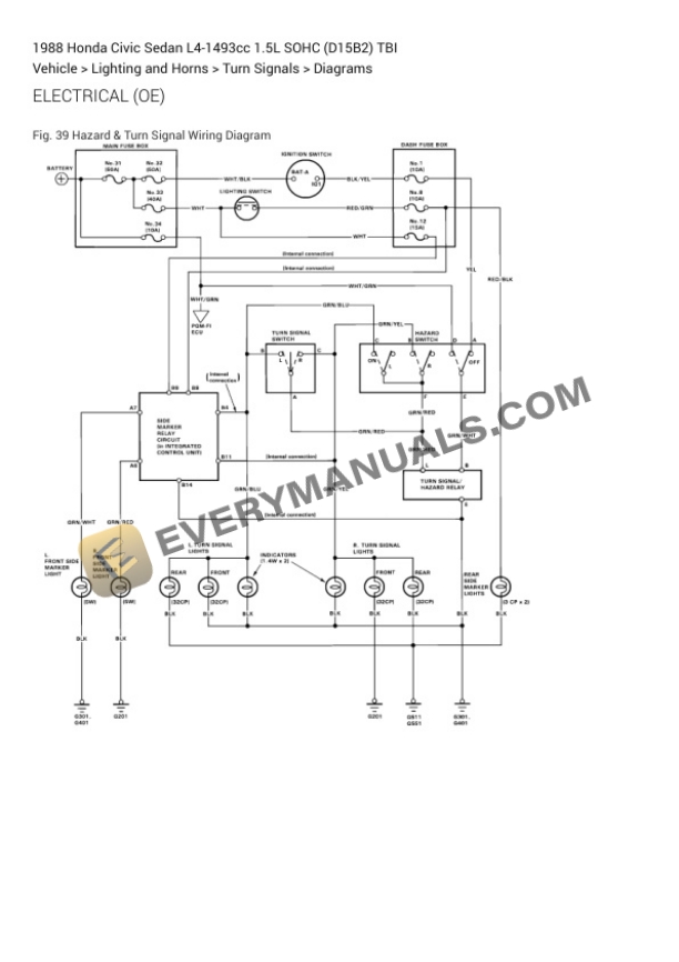 Honda Civic Sedan 1988 Electrical Diagrams L4-1493cc 1.5L SOHC (D15B2) TBI 7 Honda Civic Sedan 1988 Electrical Diagrams L4-1493cc 1.5L SOHC (D15B2) TBI - Image 5
