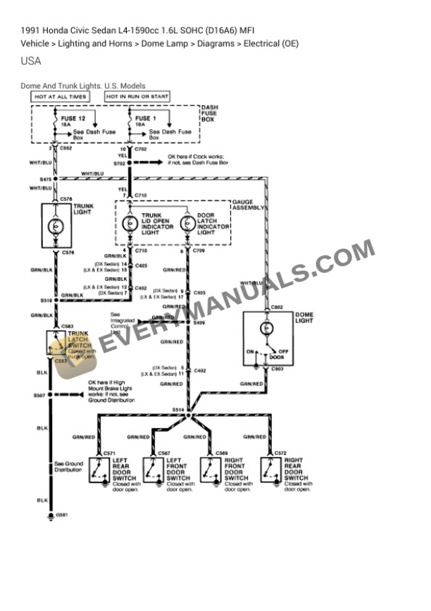 Honda Civic Sedan 1991 Electrical Diagrams L4-1590cc 1.6L SOHC (D16A6) MFI 7 Honda Civic Sedan 1991 Electrical Diagrams L4-1590cc 1.6L SOHC (D16A6) MFI - Image 5