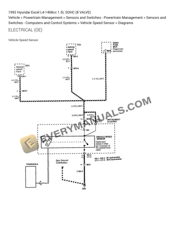 Hyundai Excel 1992 Electrical Diagrams L4-1468cc 1.5L SOHC (8 VALVE) 6 Hyundai Excel 1992 Electrical Diagrams L4-1468cc 1.5L SOHC (8 VALVE) - Image 4