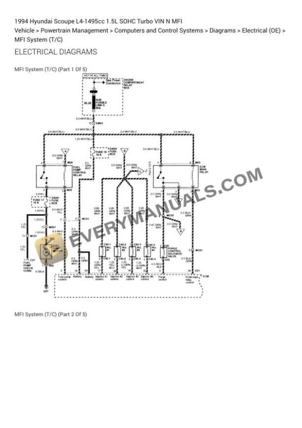 Hyundai Scoupe 1994 Electrical Diagrams L4-1495cc 1.5L SOHC Turbo VIN N MFI 4 Hyundai Scoupe 1994 Electrical Diagrams L4-1495cc 1.5L SOHC Turbo VIN N MFI - Image 2
