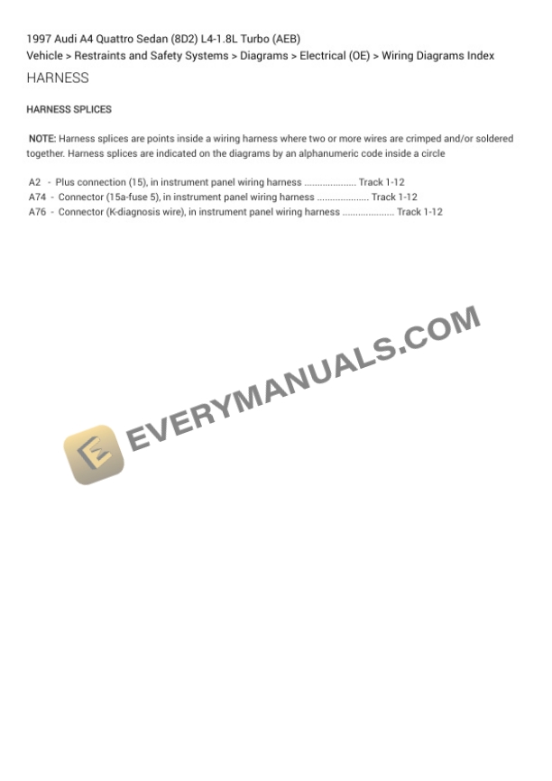 Audi A4 Quattro Sedan (8D2) 1997 Electrical Diagrams L4-1.8L Turbo (AEB) 6 Audi A4 Quattro Sedan (8D2) 1997 Electrical Diagrams L4-1.8L Turbo (AEB) - Image 4