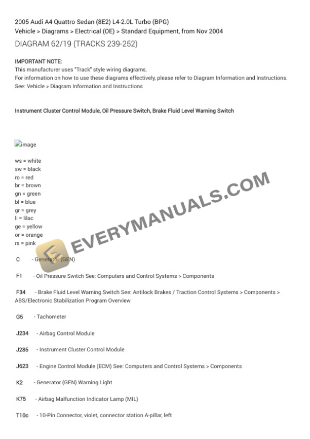 Audi A4 Quattro Sedan (8E2) 2005 Electrical Diagrams L4-2.0L Turbo (BPG) 6 Audi A4 Quattro Sedan (8E2) 2005 Electrical Diagrams L4-2.0L Turbo (BPG) - Image 4
