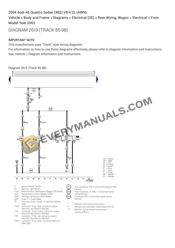 Audi A6 Quattro Sedan (4B2) 2004 Electrical Diagrams V8-4.2L (AWN) 4 Audi A6 Quattro Sedan (4B2) 2004 Electrical Diagrams V8-4.2L (AWN) - Image 2
